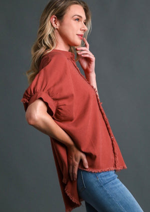 Linen-Like Frayed Short Sleeve