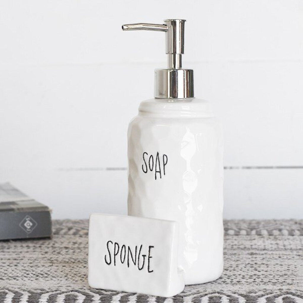 White Dimpled Ceramic Soap Dispenser/Sponge Holder