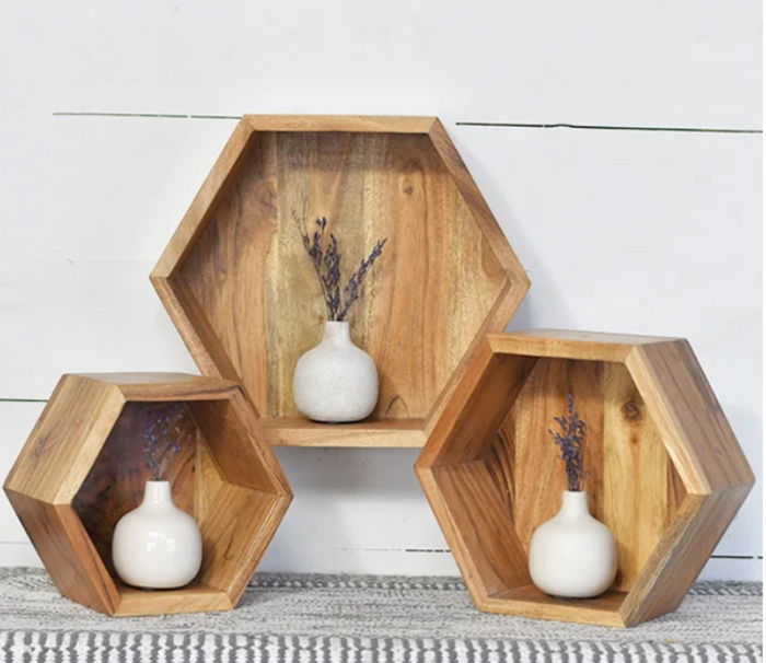 Acacia Wood Octagon Shelf Set