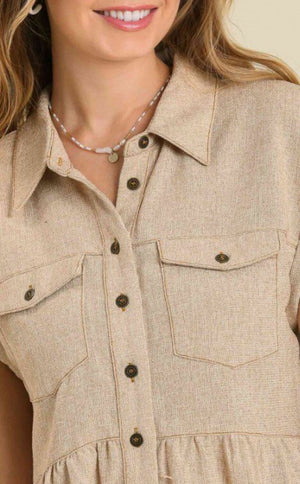 Short Sleeve Linen-Like Button Up Dress