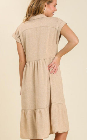 Short Sleeve Linen-Like Button Up Dress