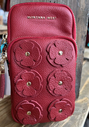 Red Leather Flower Cellphone Crossbody Bag