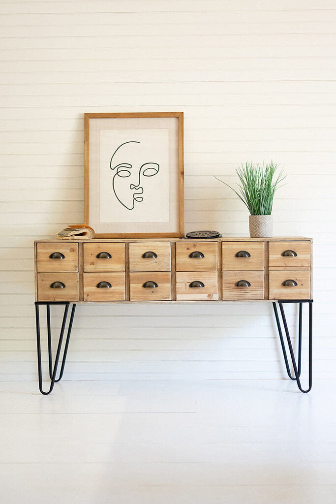 Natural Wood 12 Drawer Console Table